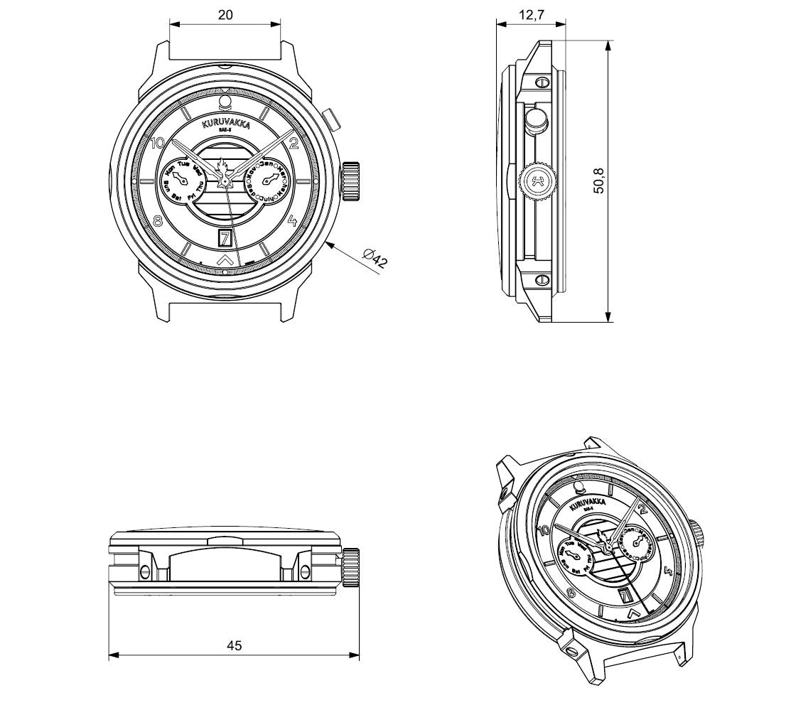 Black and white manufacturing assembly image of the kuruvakka wristwatch showing all the sides of the watch in four views. Front, side isometric and bottom. Few dimensions visible.