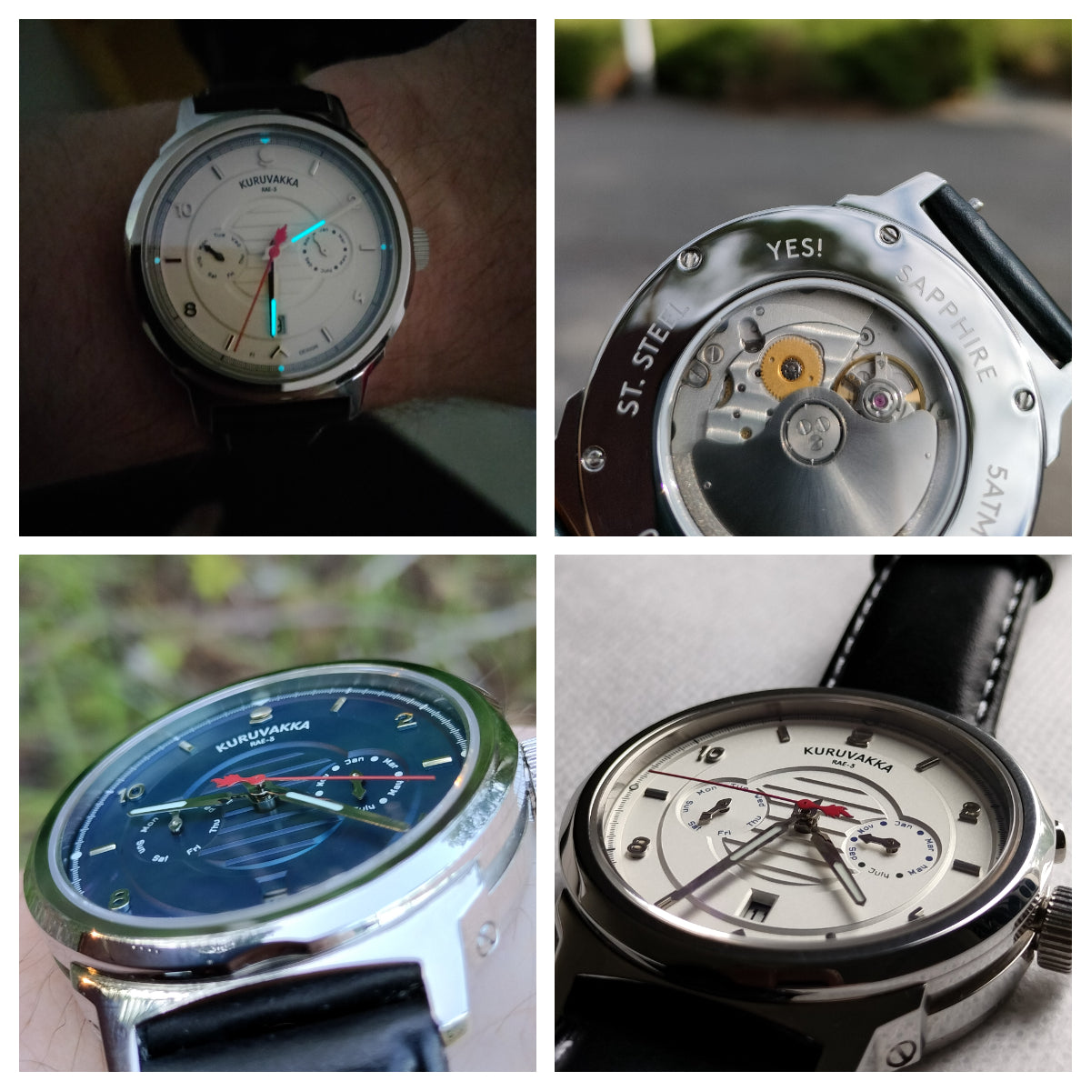 Four images in one picture showing kuruvakka watch from different angles. One image shows the open caseback with word YES! engraved on it. One image shows the lume of teh dial. Two images show the dials from lower angles showing the 3D- shapes on the dials.