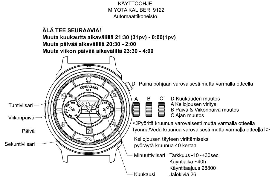 Manual that instructs to operate a watch with Miyota premium automatic movement 9122